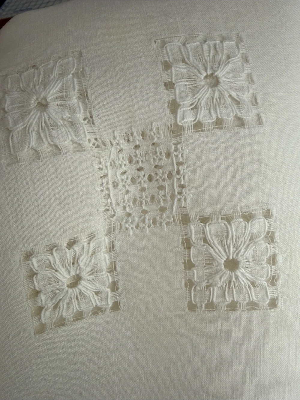 Vintage White Linen Madeira Style Table Topper 34 x 32 Drawn Thread Cutwork